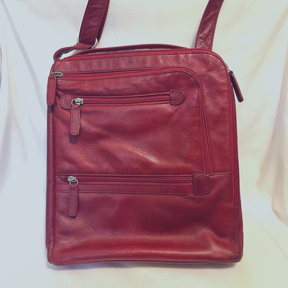 Levenger Red Leather Crossbody I pad/Small Laptop Bag/Purse-Pockets-Adjust Strap